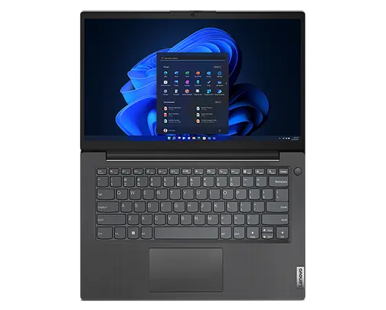Overhead view of a Business Black Lenovo V14 Gen 4 (Intel) laptop, opened 180°  to show the keyboard and display