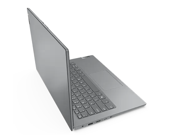 An Arctic Grey Lenovo V14 Gen 4 (Intel) laptop opened 90° and viewed at a high angle from the rear-left corner