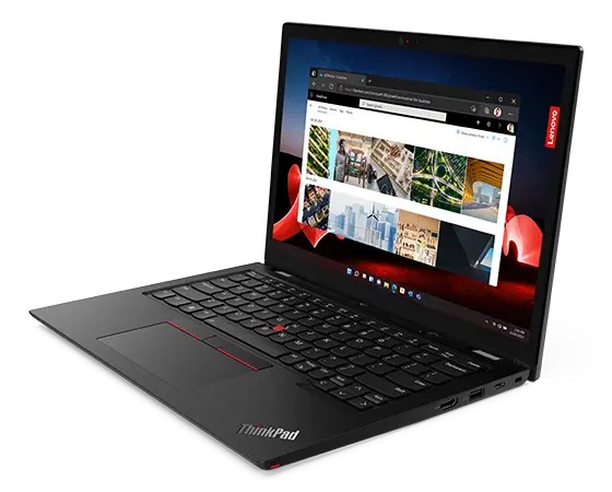 Perfil del lateral derecho del Lenovo ThinkPad L13 Yoga Gen4 en modo portátil abierto en un ángulo de 90 grados.