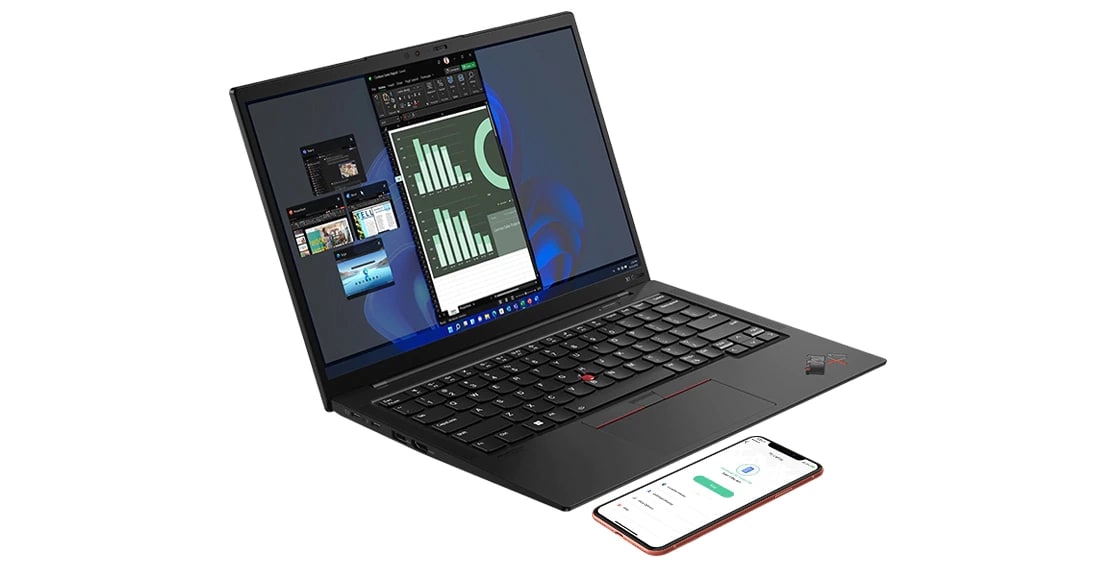 Lenovo ThinkPad X1 Carbon Gen 11 laptop open 90 degrees, angled slightly to show left-side ports, with smartphone next to it.