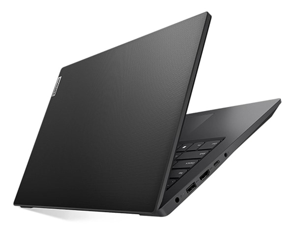 Máy tính xách tay Lenovo V14 Gen 4 (Intel) được mở một phần nhìn ngang tầm mắt từ góc trái phía sau, làm nổi bật nắp trên