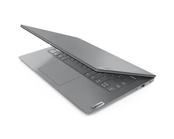 A partially opened Arctic Grey Lenovo V14 Gen 4 (Intel) laptop viewed at a high angle from the front-right corner