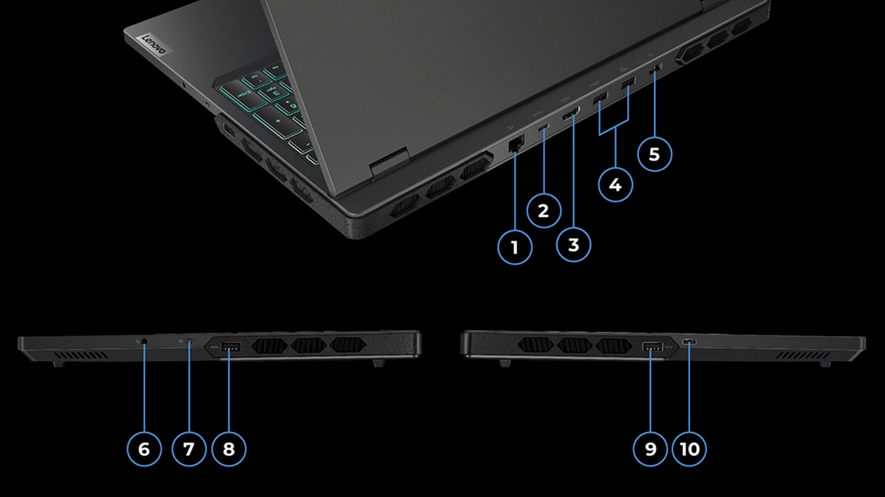 Rear, left, & right side profiles of Lenovo Legion Pro 7 Gen 8 (16" amd) gaming laptop showing ports