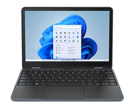 Lenovo 300w Yoga Gen 4 (11” Intel) 2-in-1 laptop – laptop mode, from front, showing Windows menu