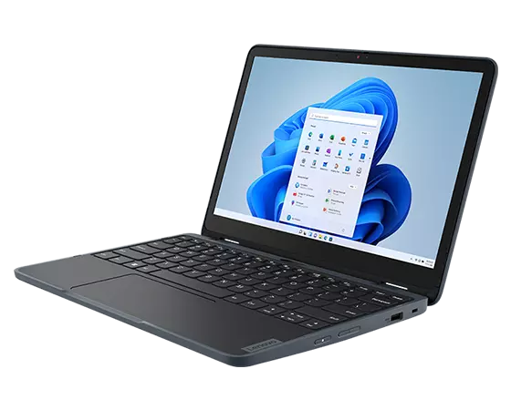 Rechter vooraanzicht van een Lenovo 300w Yoga Gen 4 (11'' Intel) 2-in-1 laptop in laptopstand met zichtbaar Windows-menu