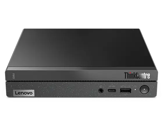 Front-facing Lenovo ThinkCentre Neo 50q Gen 4 (Intel) Thin Client, laid horizontally, showing front & right-side panels.