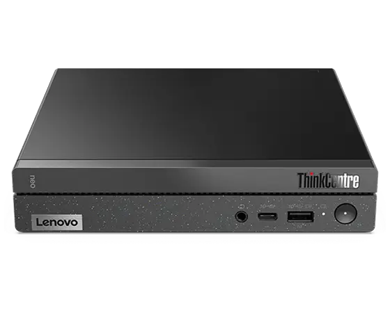 Lenovo ThinkCentre Neo 50q Gen 4 (Intel) Thin Client, Ansicht von vorne, waagerecht liegend, mit Blick auf die Abdeckung vorne und auf der rechten Seite.