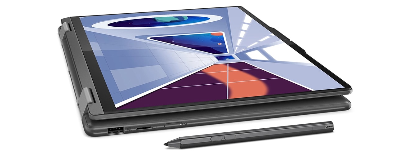 Yoga 7i Gen 8 laptop in tablet mode with pen next to it