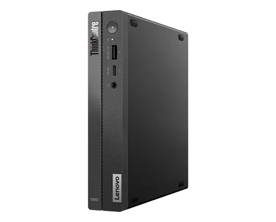 Side-facing Lenovo ThinkCentre Neo 50q Gen 4 (Intel) Thin Client, stood vertically, showing front & right-side panels