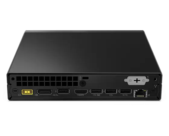 Rear-facing Lenovo ThinkCentre Neo 50q Gen 4 (Intel) Thin Client, laid horizontally, showing rear ports & right-side panel