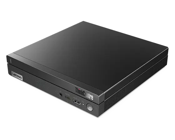 Side-facing Lenovo ThinkCentre Neo 50q Gen 4 (Intel) Thin Client, laid horizontally, showing front & two side panels.