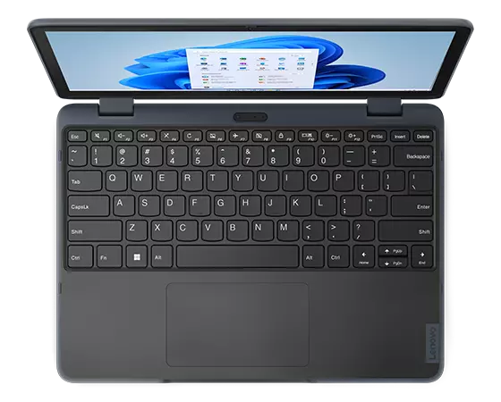 Overhead view of a Lenovo 500w Yoga Gen 4 2-in-1 in laptop mode, highlighting the keyboard
