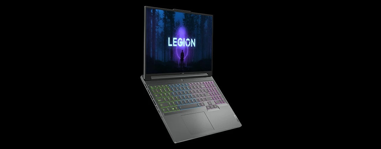 Legion Slim 5i Gen 8 laptop with display on and RGB keyboard