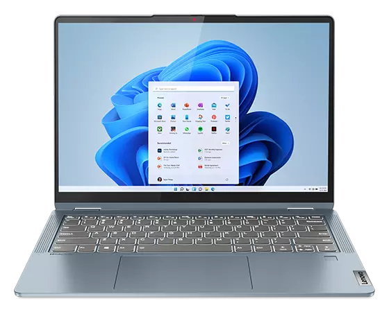 Naar voren gerichte IdeaPad Flex 5i in metalen Arctic Grey-uitvoering in de laptopstand, gefotografeerd vanaf een lichte verhoging.