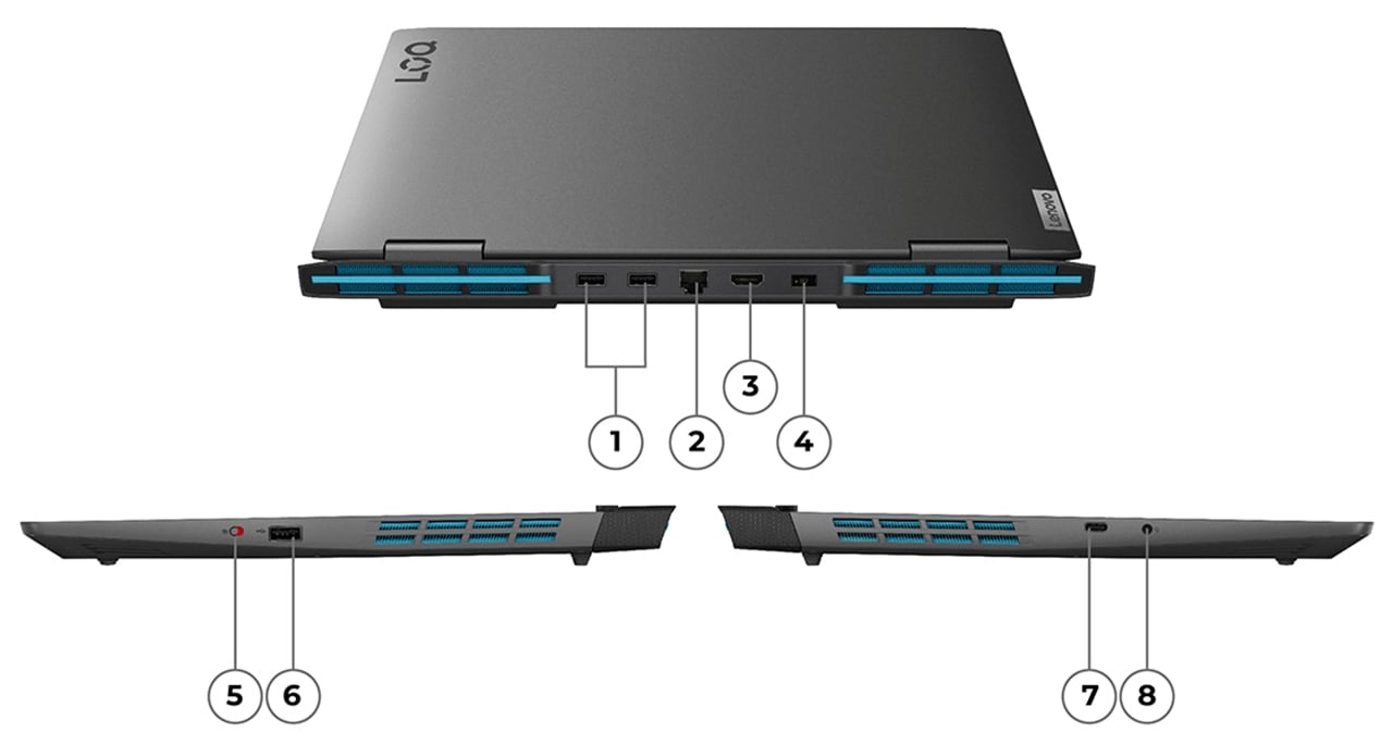 Lenovo LOQ 15IRH8 ports arrière, gauche et droit