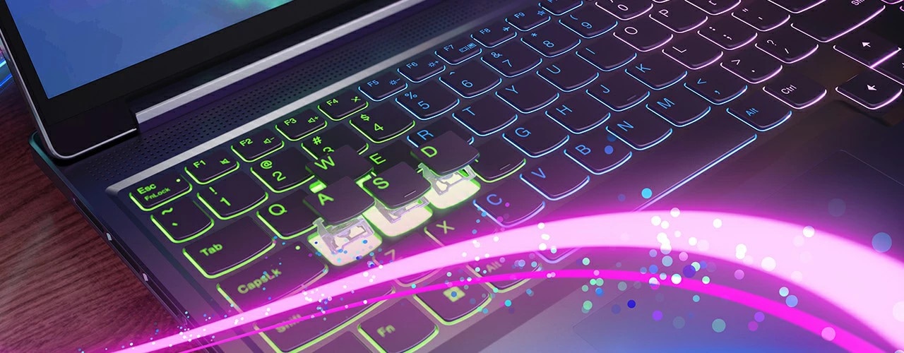 Close up of Legion Slim 5i Gen 8 laptop RGB keyboard and key caps