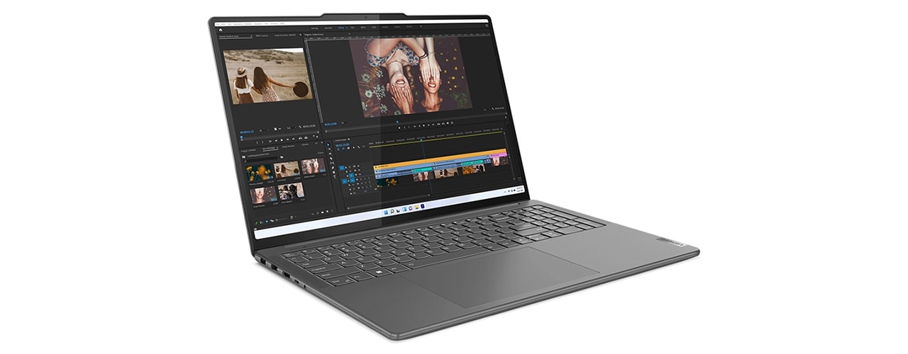 Vue avant gauche du Lenovo Yoga Pro 9i Gen 8 (16'' Intel) avec une interface de montage vidéo à l’écran