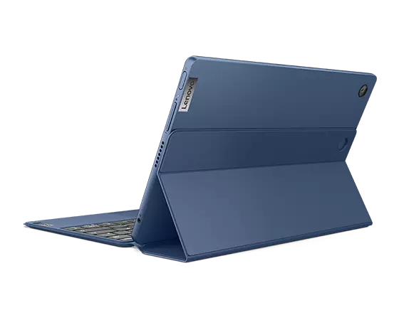 Rear-facing angled view of Abyss Blue IdeaPad Duet 3i in laptop mode.