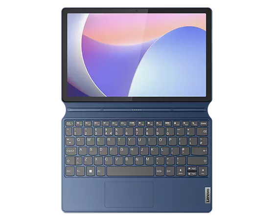 Overhead view of Abyss Blue IdeaPad Duet 3i with screen and keyboard laying flat.