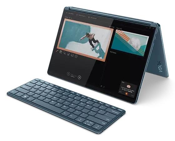 Yoga Book 9i Gen 8 (13″ Intel) in tent mode with Bluetooth® keyboard