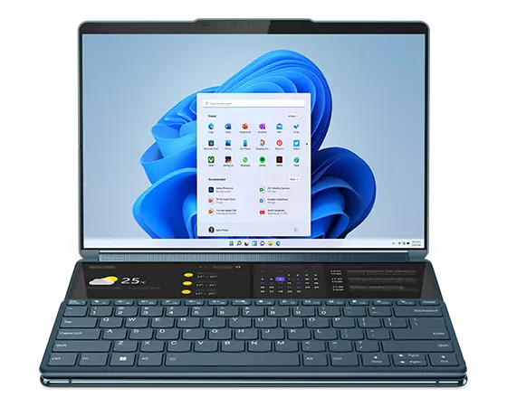 Yoga Book 9i Gen 8 (13″ Intel) front-facing with Windows 11 on screen and Bluetooth® keyboard attached to lower display