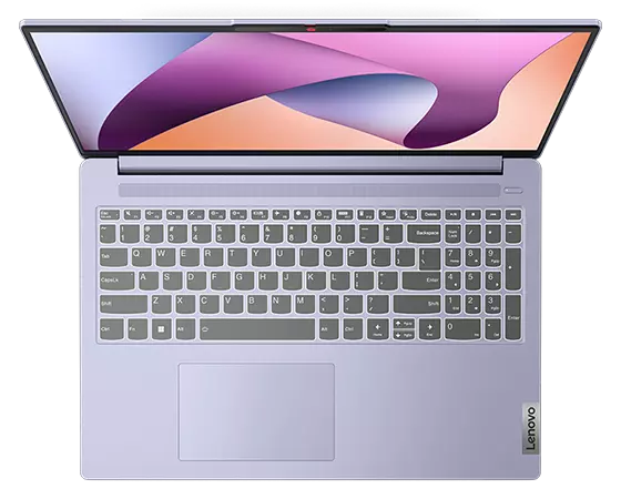 Bovenaanzicht van de IdeaPad Slim 5 Gen 8-laptop in Abyss Blue, met toetsenbord en trackpad