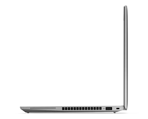 Right-side profile of the Lenovo ThinkPad T14 Gen 4 laptop in Storm Grey, open 90 degrees. 
