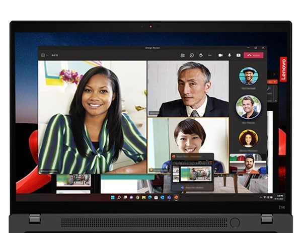 Lenovo ThinkPad T14 Gen 4 Notebook, Nahaufnahme mit Blick auf eine Videokonferenz, die Webcam und den in den An/Aus-Schalter integrierten Fingerabdruckscanner.