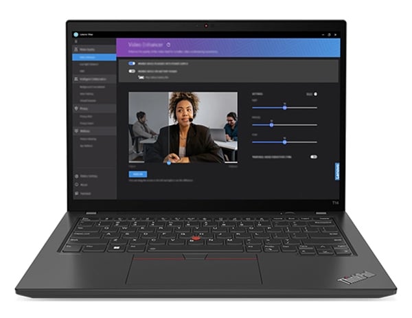 Front-facing Lenovo ThinkPad T14 Gen 4 laptop open 90 degrees, with Lenovo View on the display.