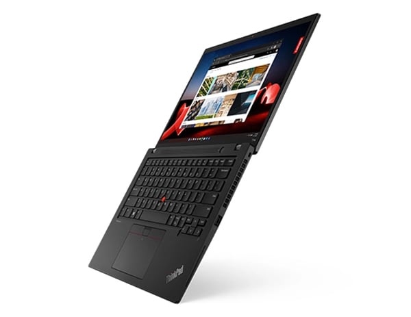 Lenovo ThinkPad T14s laptop: Right-front view, lid open flat, standing at an angle on its front edge 