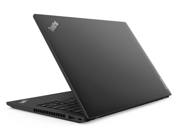 Vista trasera del portátil Lenovo ThinkPad T14 Gen 4 inclinado para mostrar los puertos del lateral derecho y parte del teclado.