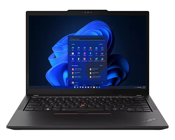 A front-facing ThinkPad X13 Gen 4 laptop open 90° to show off the keyboard and display