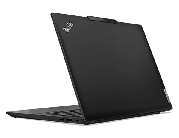 An eye-level, rear-right corner view ThinkPad X13 Gen 4 laptop open 70°