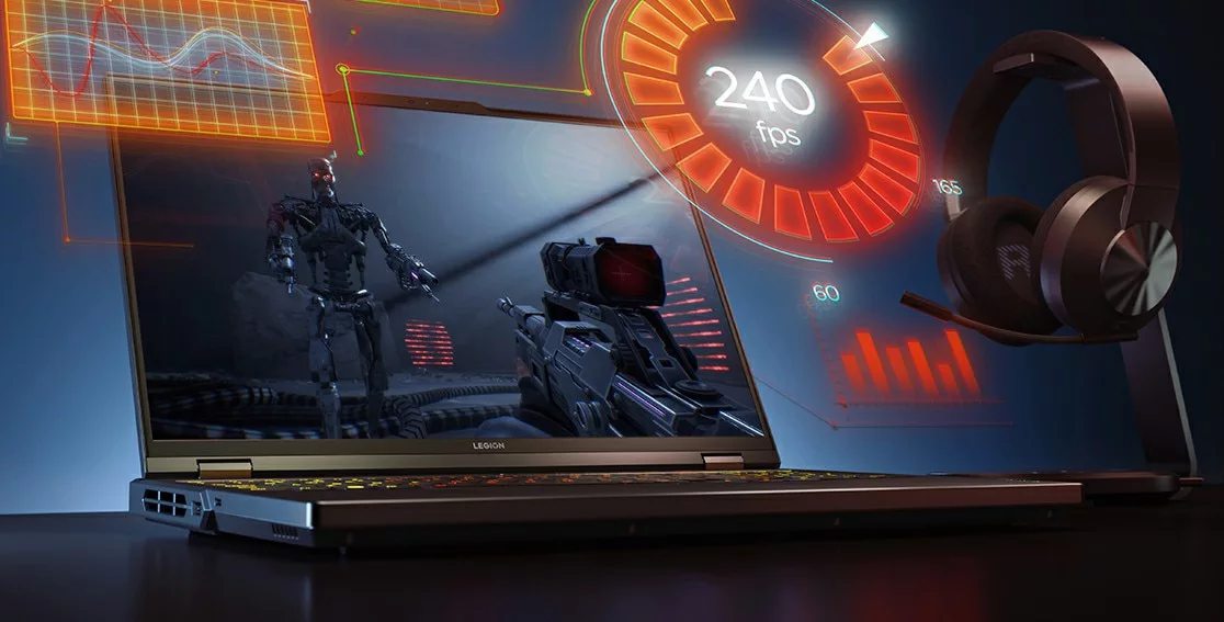 Legion Pro 5 Gen 8 (16″ AMD) on table with a sci-fi first person shooter on the screen.