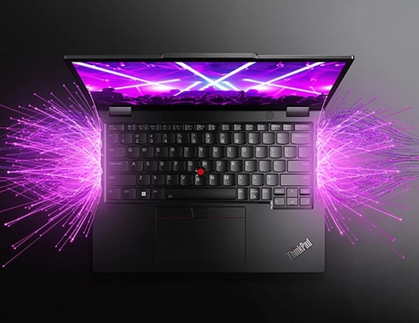 Photo depiction of a ThinkPad X13 Yoga Gen 4 2-in-1 laptop emanating electricity-like sparkling light