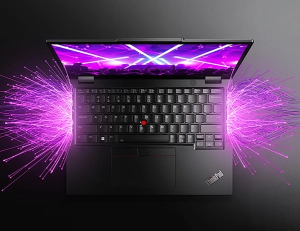 Foto eines ThinkPad X13 Yoga Gen 4 2-in-1-Notebooks, das elektrisch funkelndes Licht ausstrahlt