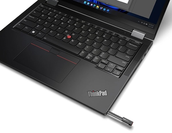 High-angle, front-right view of a ThinkPad X13 Yoga Gen 4 2-in-1 with integrated pen partly visible
