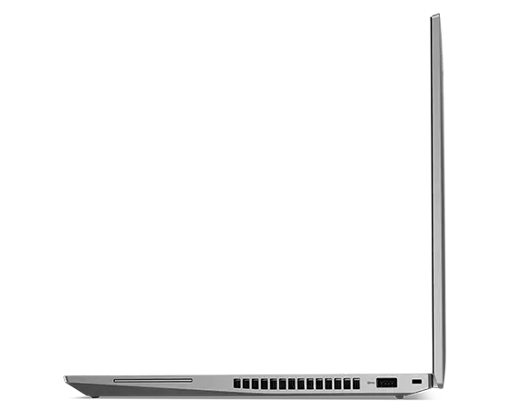 Right-side profile of the Lenovo ThinkPad T16 Gen 2 laptop in Storm Grey, open 90 degrees. 