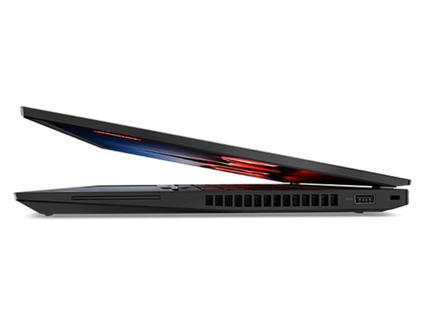 Lenovo ThinkPad T16 Gen 2 Notebook, Ansicht von rechts, um 15 Grad geöffnet.