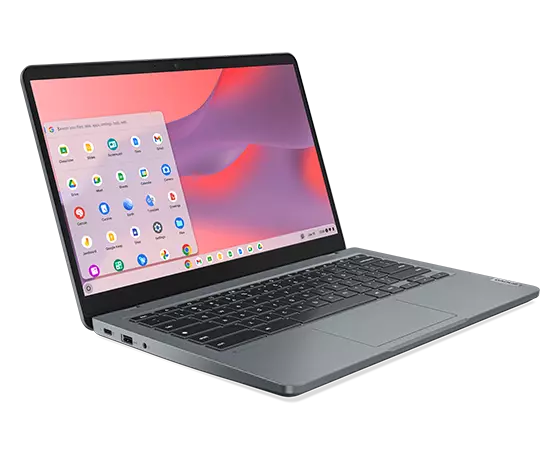Lenovo 14e Chromebook (14” Intel) – left front view, with lid open and Chrome menu on the display