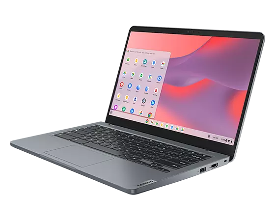 Lenovo 14e Chromebook (14” Intel) – front right view, with lid open and Chrome menu on the display