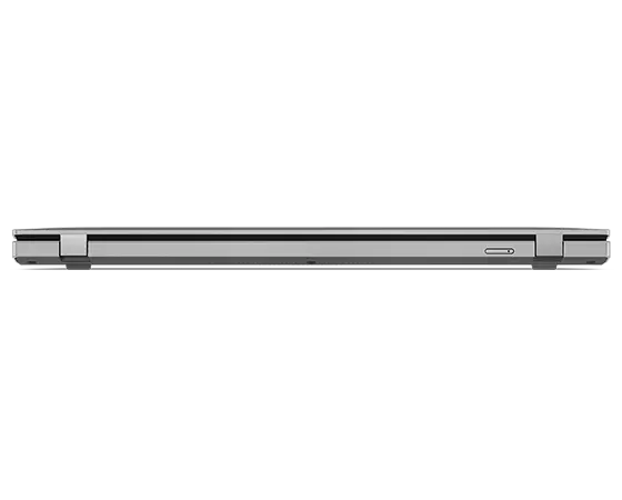 Profil arrière à couvercle fermé du portable Lenovo ThinkPad T16 Gen 2 en gris tempête.