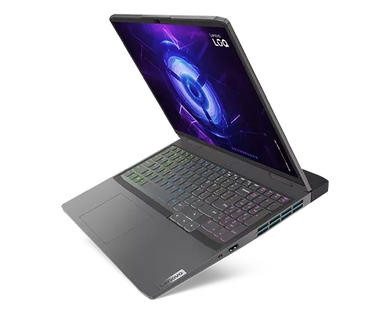 Lenovo LOQ 16IRH8 gaming laptop—right view, lid open, angled to show keyboard and angled upward from front edge