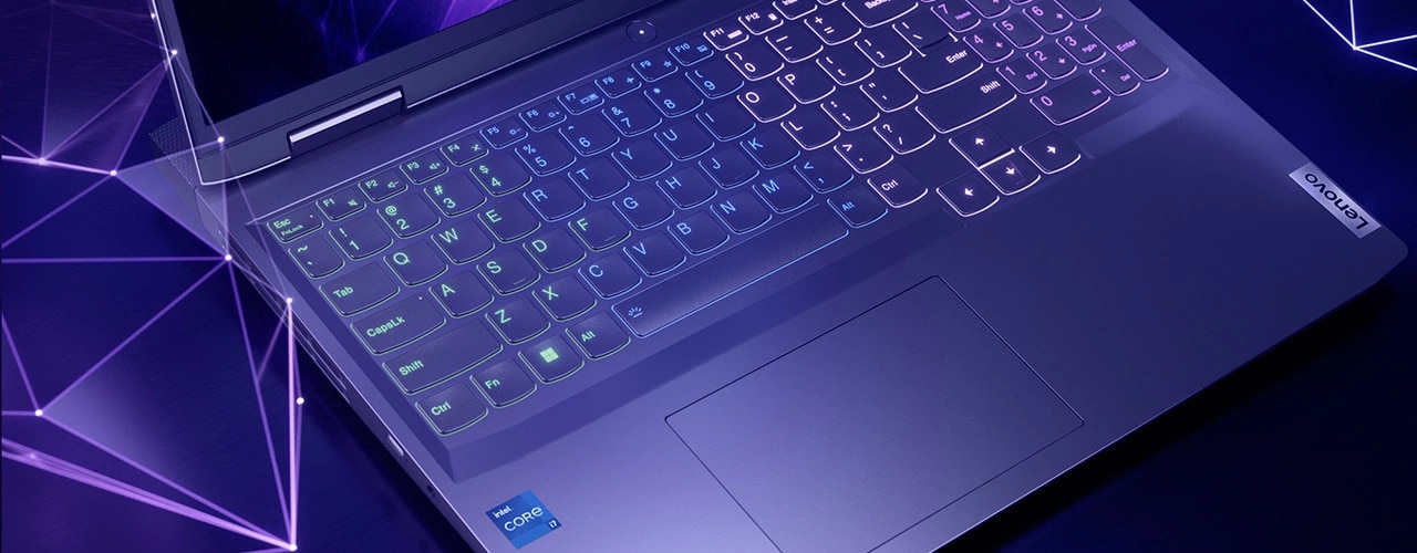 Lenovo LOQ 16IRH8 gaming laptop—keyboard close-up Backlighting with optional 4-zone RGB lighting.