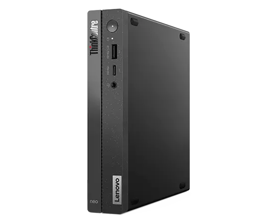 Side-facing Lenovo ThinkCentre Neo 50q Gen 4 Tiny (Intel), stood vertically, showing front ports & right-side panel
