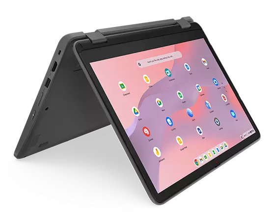 A Lenovo 500e Yoga Chromebook Gen 4 2-in-1 laptop in tent mode with the display at a 70° upward angle.