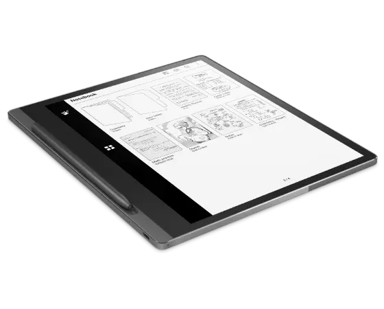 Lenovo Smart Paper og Lenovo Smart Pen sett fra siden, med 10,3" E-Ink-skjermlister over PDF-dokumenter lagret på enheten
