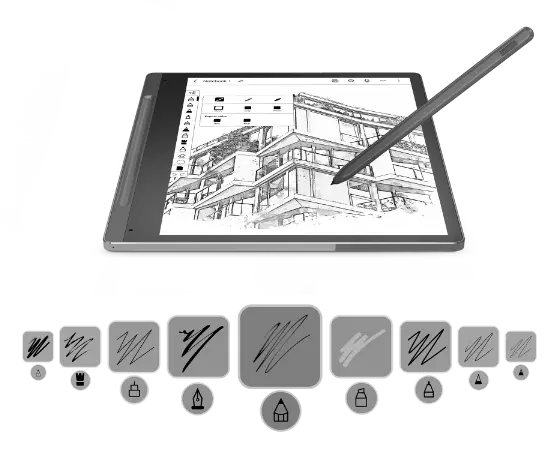 Lenovo Smart Paper og Lenovo Smart Pen sett forfra, med 10,3" E-Ink-skjerm som viser tegning, med miniatyrbilder av forskjellige pennetyper