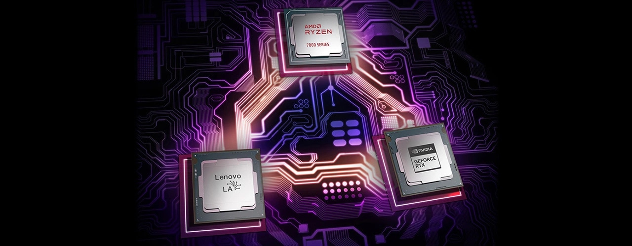 Close up shots of AMD Ryzen, NVIDIA GeForce RTX and Lenovo LA 1 chips