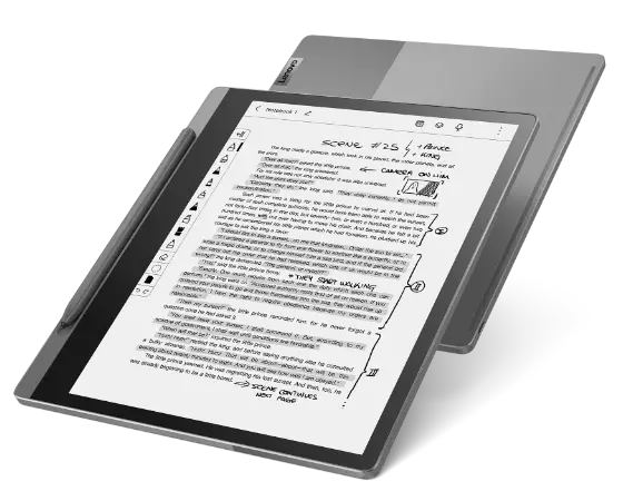 Two Lenovo Smart Paper E-Ink readers, back to back, front one showing document highlighted and annotated with Lenovo Smart Pen, rear one showing back cover